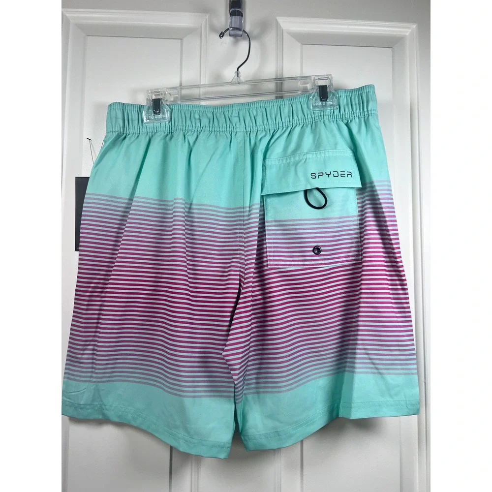 Spyder Mens Board Shorts Mint Green Purple Striped LG Swim Trunks Size Large NWT